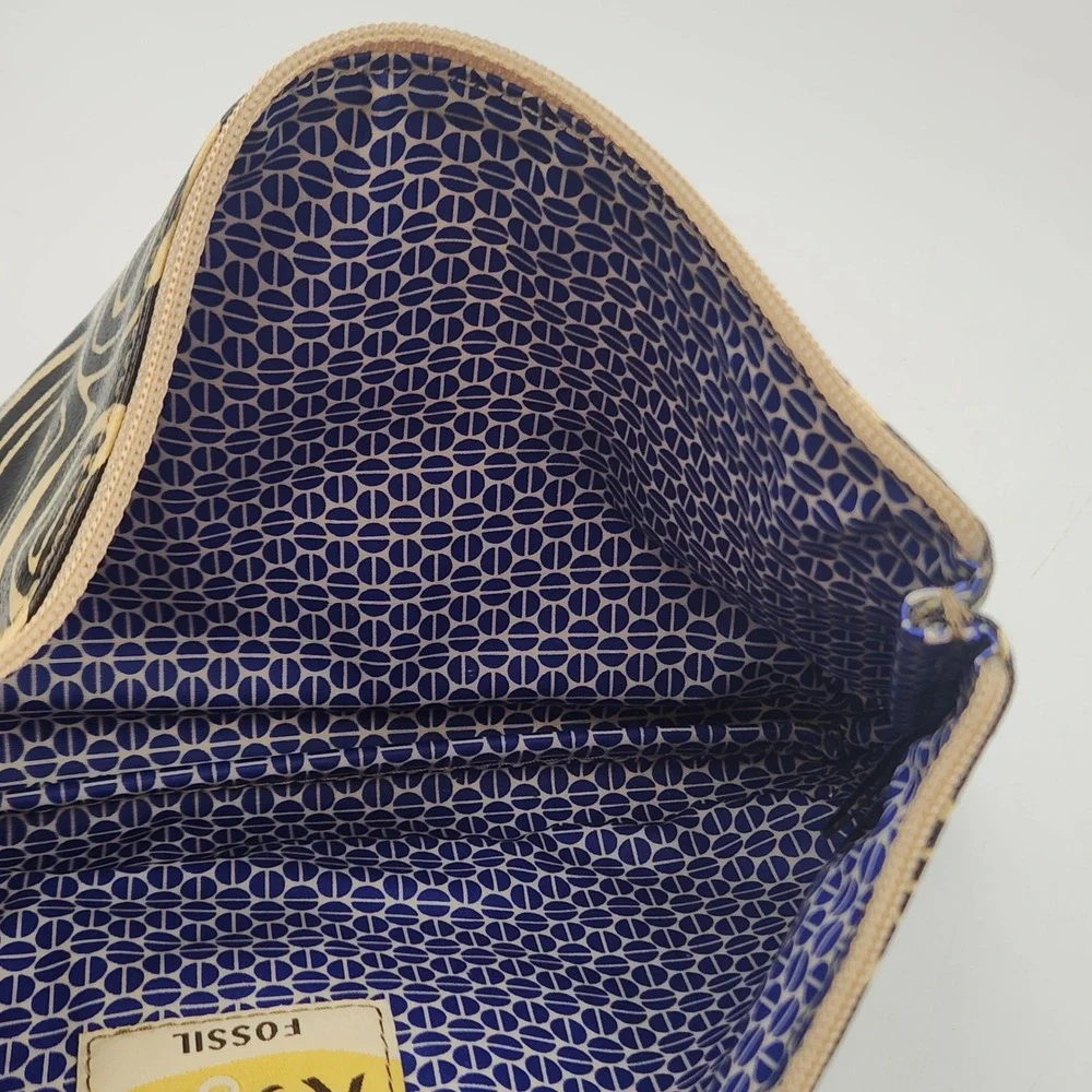 Fossil Key-Per Canvas Cosmetic Bag Zip Pouch‎ Cream Blue Graphic Print